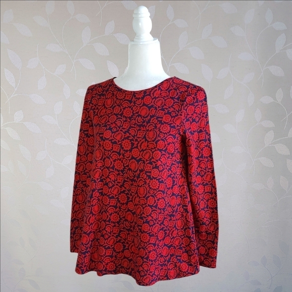 Boden Retro Folk Art Floral Print Long Sleeve Cotton Blend Top US 6 Red Blue - Picture 3 of 14